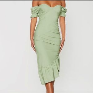 PrettyLittleThing Sage Green Puff Sleeve Dress